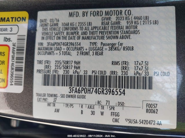 Ford FUSION SE 2016 3FA6P0H74GR396554 Image 9