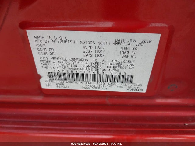 2010 MITSUBISHI GALANT 4A32B3FF4AE019409 Photo 8