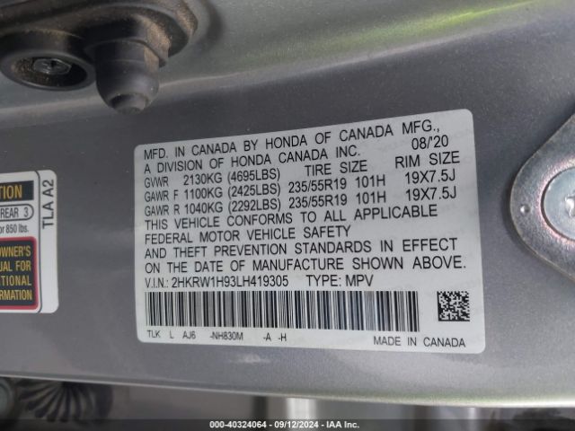 2HKRW1H93LH419305 Honda Cr-v 2wd Touring