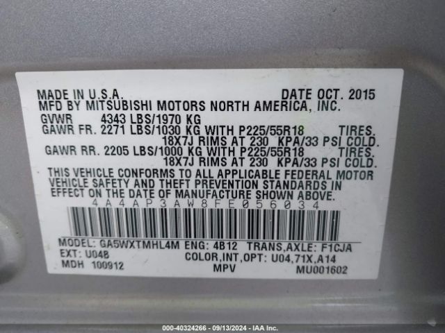 4A4AP3AW8FE056034 Mitsubishi Outlander Sport Es