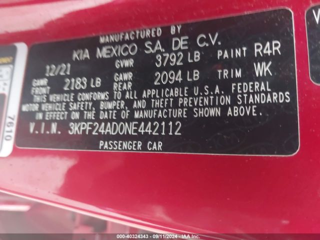 3KPF24AD0NE442112 KIA Forte Lxs