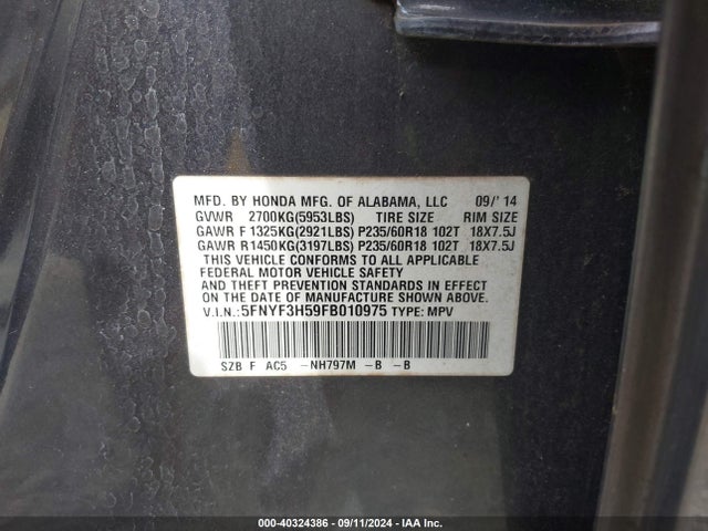 Honda Pilot Ex-l 2015 5FNYF3H59FB010975 Image 9