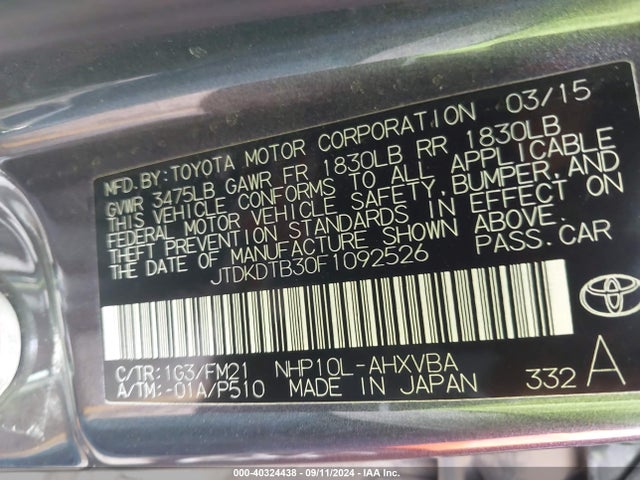 JTDKDTB30F1092526 Toyota Prius C Two