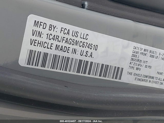 1C4RJFAG5MC674510 Jeep Grand Cherokee Laredo X 4x4