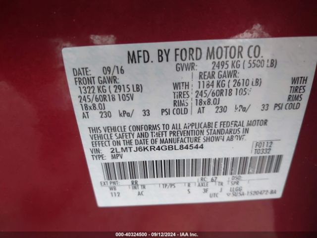 2LMTJ6KR4GBL84544 Lincoln Mkx Select