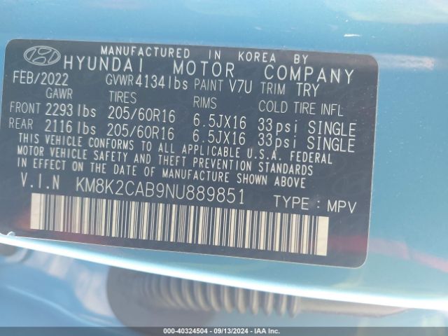 KM8K2CAB9NU889851 Hyundai Kona Se