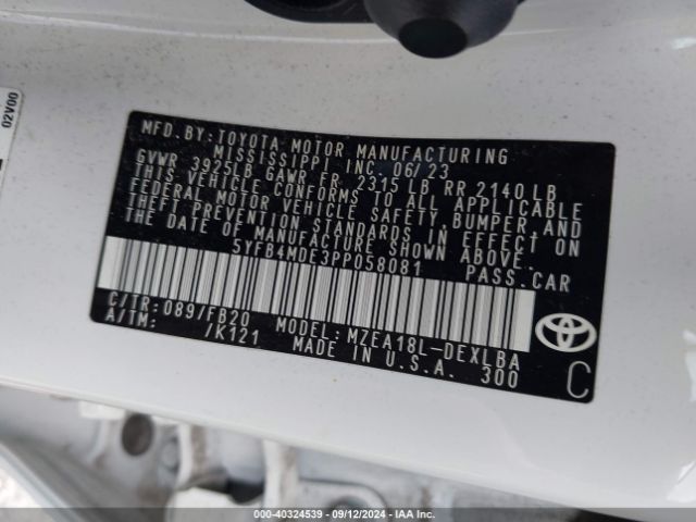 5YFB4MDE3PP058081 Toyota COROLLA LE