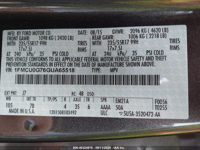 Ford ESCAPE SE 2016 1FMCU0G76GUA65518 Image 9