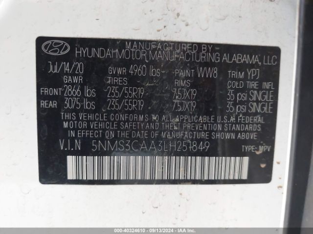 5NMS3CAA3LH251849 Hyundai Santa Fe Sel 2.0t