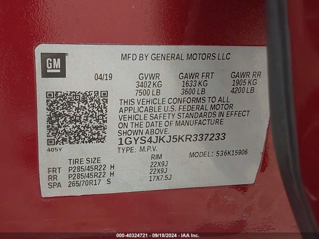 1GYS4JKJ5KR337233 Cadillac Escalade Esv Premium Luxury