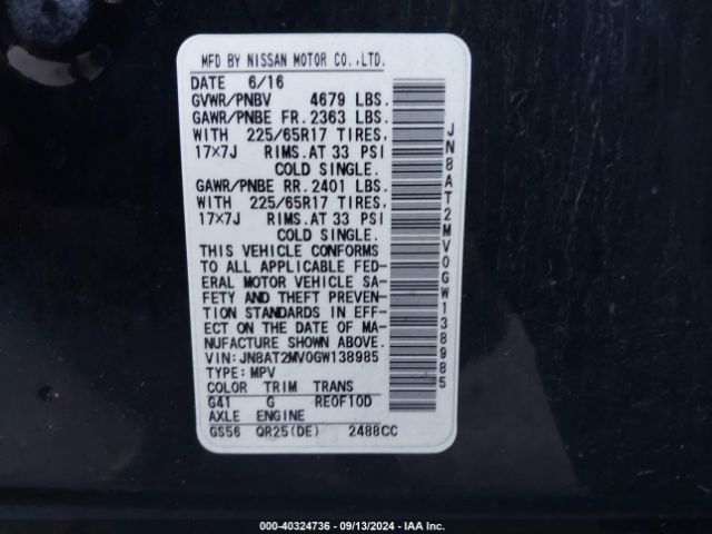 JN8AT2MV0GW138985 Nissan ROGUE S