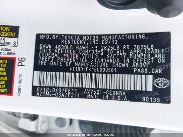 4T1BD1FK1EU099581 Toyota Camry Hybrid Le