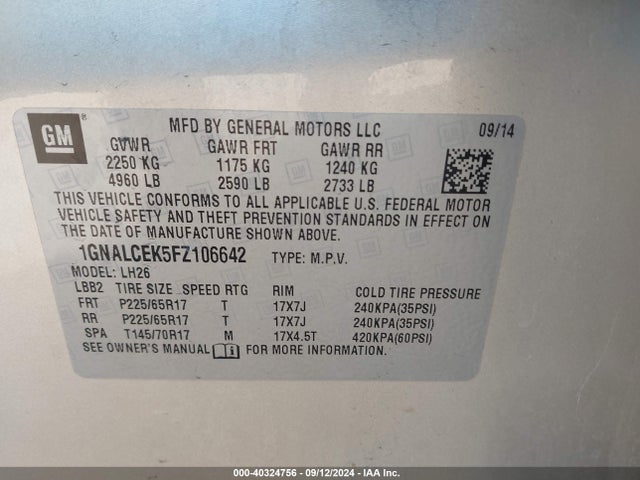 Chevrolet Equinox 2lt 2015 1GNALCEK5FZ106642 Image 9