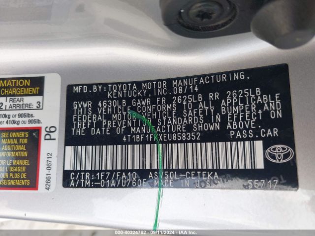 4T1BF1FKXEU858352 Toyota CAMRY L