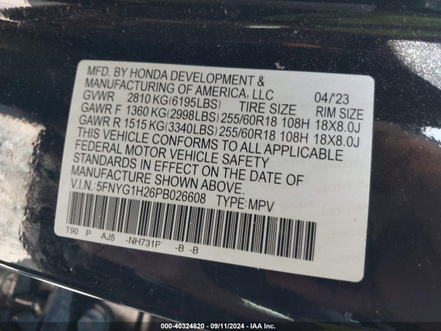 5FNYG1H26PB026608 Honda Pilot Awd Lx