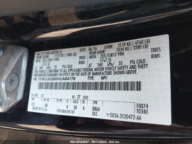 Ford ESCAPE SE 2017 1FMCU0G90HUA84178 Image 9