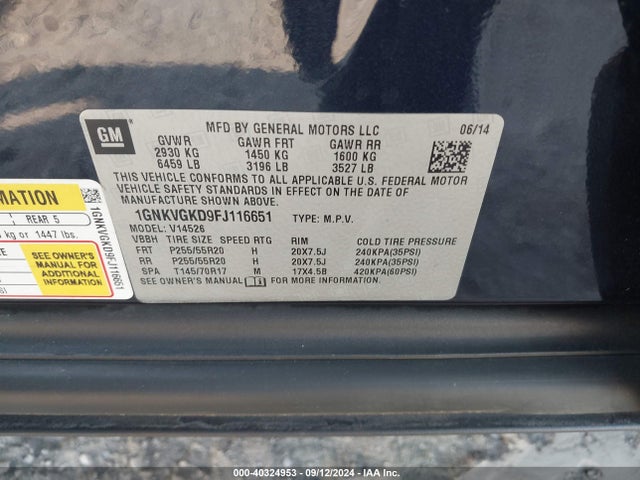Chevrolet Traverse 1lt 2015 1GNKVGKD9FJ116651 Image 9