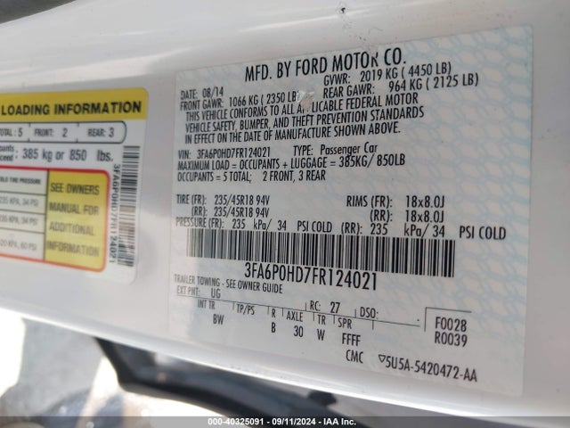 Ford FUSION SE 2015 3FA6P0HD7FR124021 Image 9