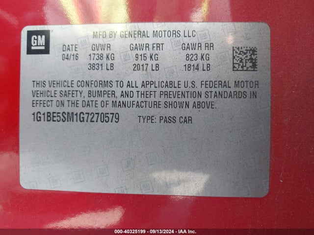 Chevrolet Cruze Lt Auto 2016 1G1BE5SM1G7270579 Image 9