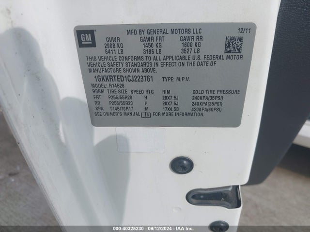 Aukcja sprzedaży 2012 Gmc Acadia Denali, vin: 1GKKRTED1CJ223761, numer aukcji: 40325230