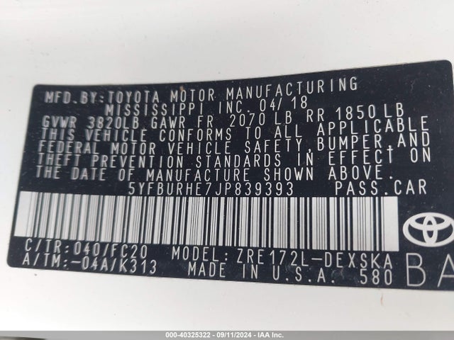 Toyota COROLLA SE 2018 5YFBURHE7JP839393 Image 9