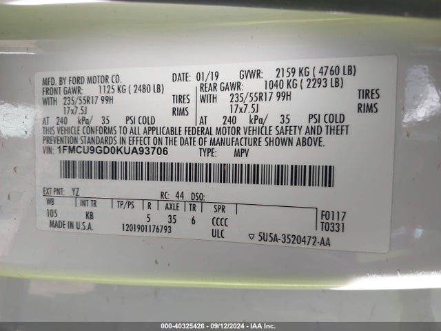 Ford ESCAPE SE 2019 1FMCU9GD0KUA93706 Image 9