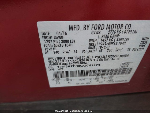 Ford EXPLORER XLT 2016 1FM5K7D80GGC81173 Image 9