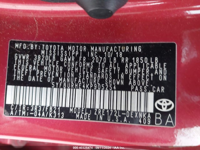 Toyota COROLLA LE 2019 5YFBURHE4KP905254 Image 9