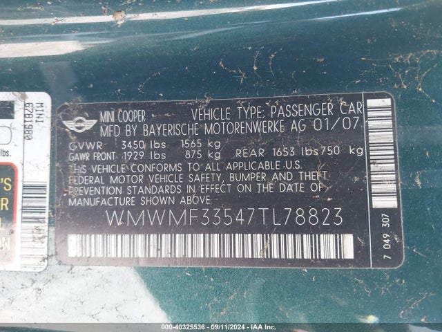 2007 MINI COOPER WMWMF33547TL78823 Photo 8