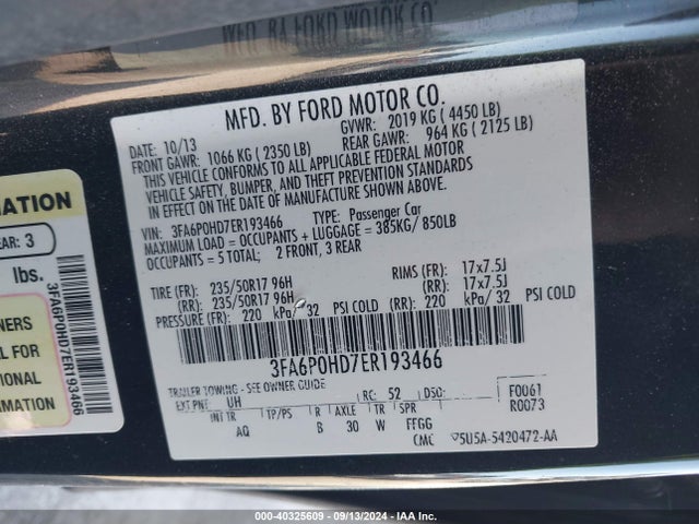 Ford FUSION SE 2014 3FA6P0HD7ER193466 Image 9