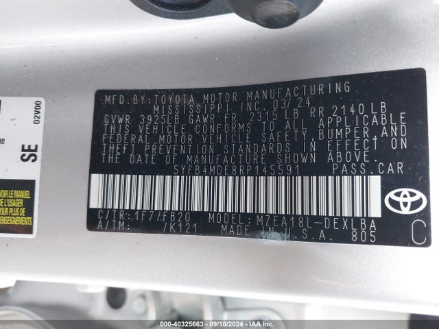 Toyota COROLLA LE 2024 5YFB4MDE8RP145591 Image 9