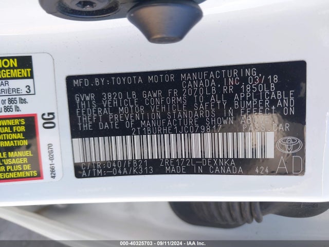 Toyota COROLLA LE 2018 2T1BURHE1JC079817 Image 9