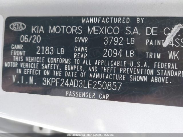3KPF24AD3LE250857 KIA Forte Lxs