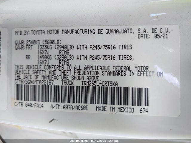 Toyota Tacoma Sr 2021 3TYRX5GN6MT022187 Image 9