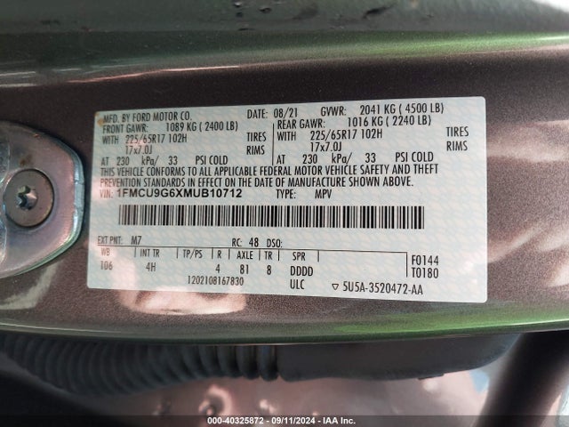 Ford ESCAPE SE 2021 1FMCU9G6XMUB10712 Image 9