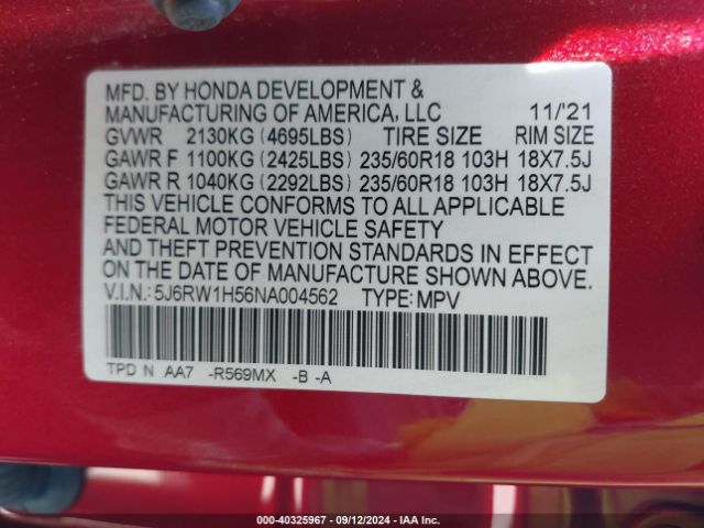 5J6RW1H56NA004562 Honda Cr-v 2wd Ex