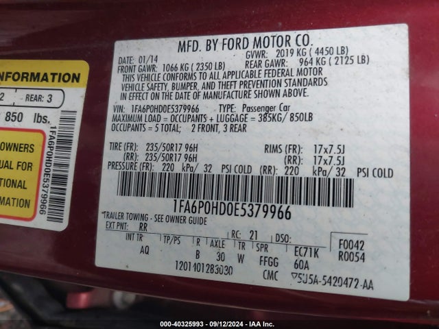 Ford FUSION SE 2014 1FA6P0HD0E5379966 Image 9