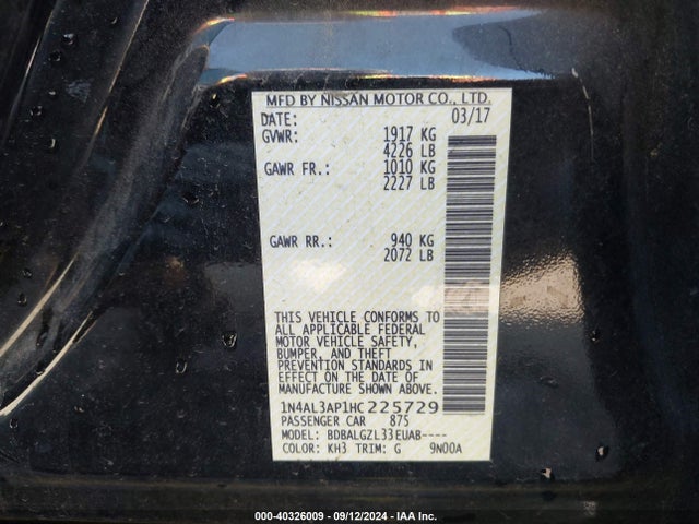 Nissan Altima 2.5 S 2017 1N4AL3AP1HC225729 Image 9