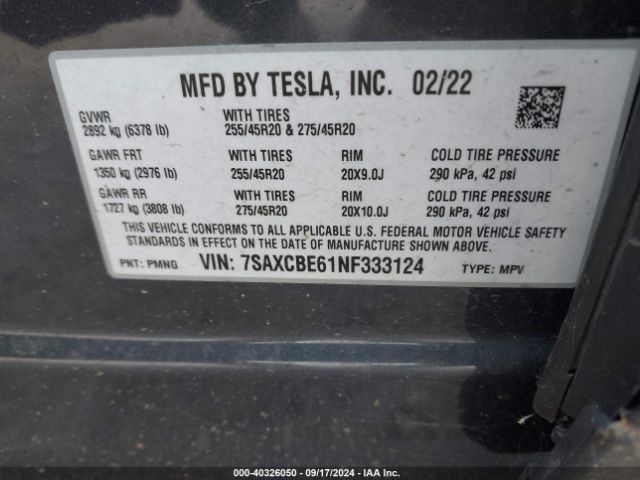 7SAXCBE61NF333124 Tesla Model X Plaid Tri Motor All-wheel Drive