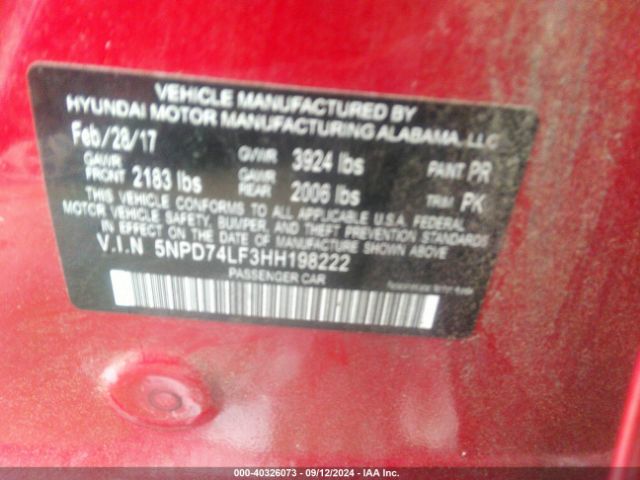 5NPD74LF3HH198222 Hyundai ELANTRA SE