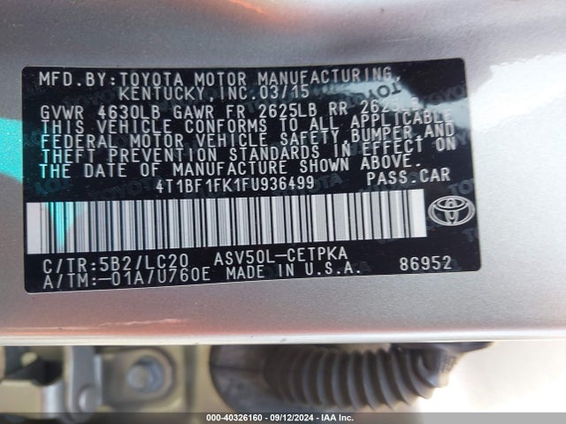 Toyota CAMRY XSE 2015 4T1BF1FK1FU936499 Image 9