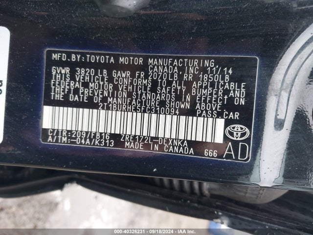 Toyota COROLLA LE 2015 2T1BURHE5FC310094 Image 9