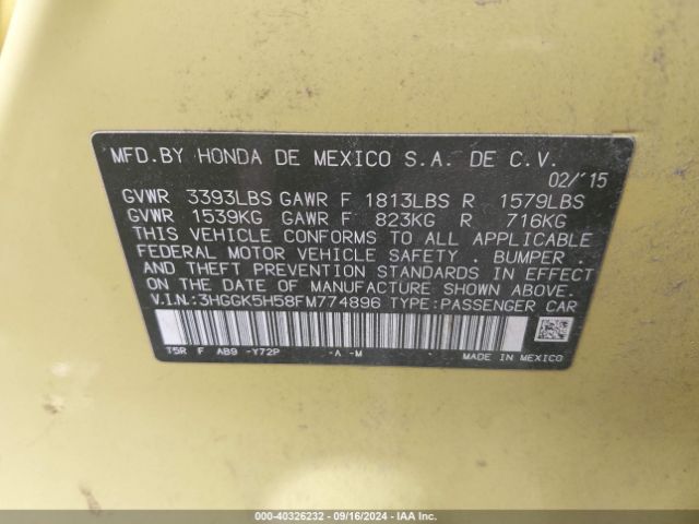3HGGK5H58FM774896 Honda FIT LX