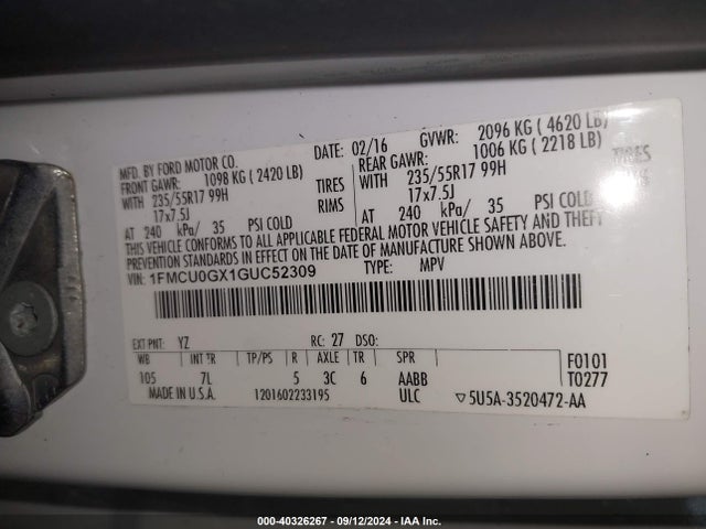 40326267 :رقم المزاد ، 1FMCU0GX1GUC52309 vin ، 2016 Ford Escape Se مزاد بيع