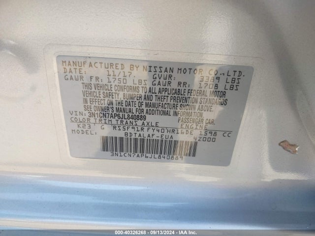 Nissan Versa 1.6 S 2018 3N1CN7AP6JL840889 Image 9