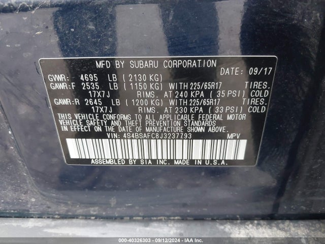 Subaru Outback 2.5i Premium 2018 4S4BSAFC8J3237793 Image 9