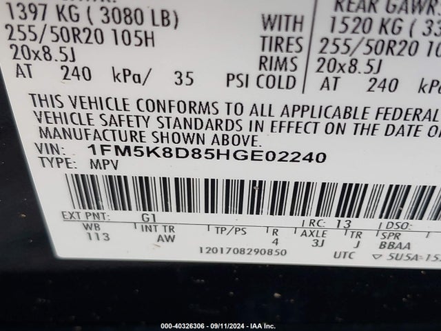 Ford EXPLORER XLT 2017 1FM5K8D85HGE02240 Image 9
