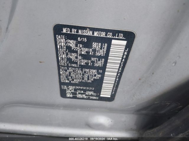 JN8AE2KP4F9131212 Nissan Quest Platinum/s/sl/sv
