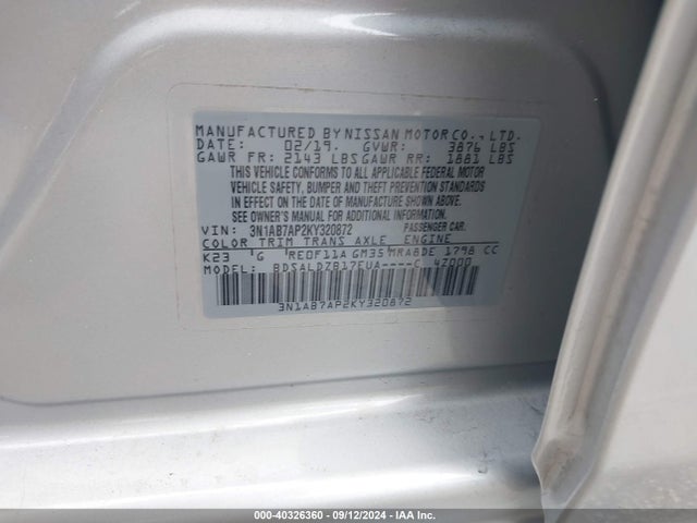 Nissan SENTRA SV 2019 3N1AB7AP2KY320872 Image 9