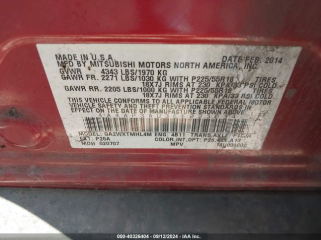 4A4AP3AU3EE023634 Mitsubishi Outlander Sport Es